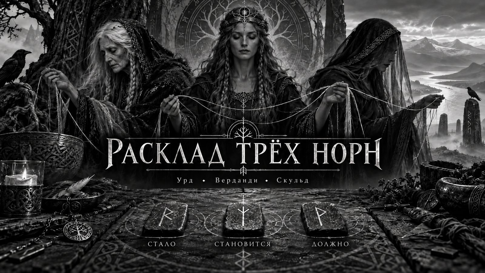 Три норны у источника Урд прядут нить; на полотне три руны — стало, становится, должно